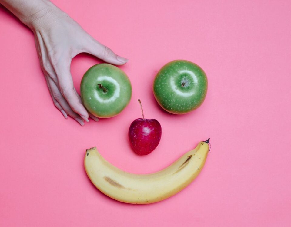 Fruit arranged as a smiling face